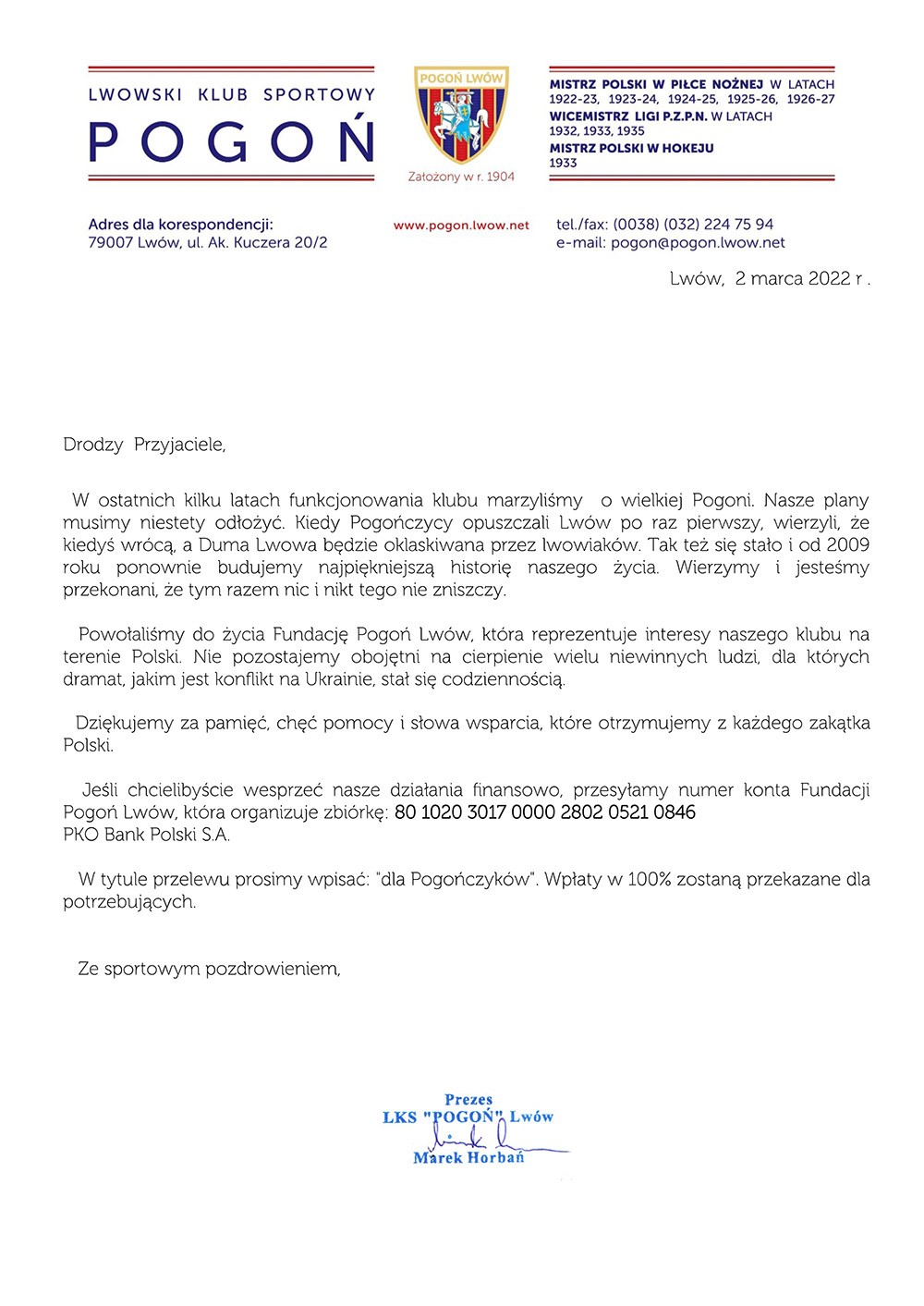 List od prezesa Pogoni Lwów
